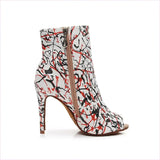 High Heel Graffiti Print Peep-toe Ankle Boots in Abstract Design