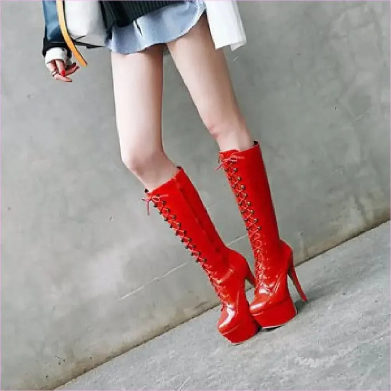 High Heel Lace Up Knee High Patent Drag Boots