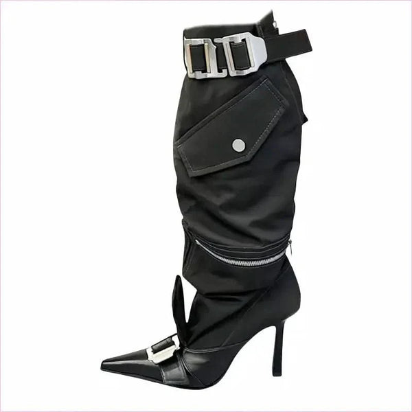 High Heel Pointed Toe Knee Boots with Buckles and Zip Pouch