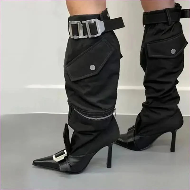 High Heel Pointed Toe Knee Boots with Buckles and Zip Pouch