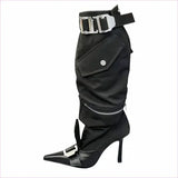 High Heel Pointed Toe Knee Boots with Buckles and Zip Pouch