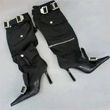 High Heel Pointed Toe Knee Boots with Buckles and Zip Pouch