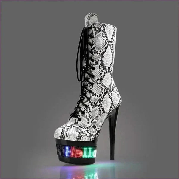 High Heel Snake Print Boots with Light-up Hello Sole
