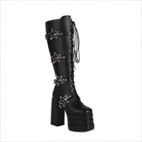 High Heel Star Design Locking Buckle Lace-up Knee Boots