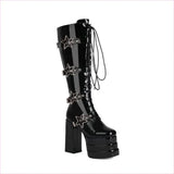 High Heel Star Design Locking Buckle Lace-up Knee Boots