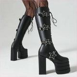 High Heel Star Design Locking Buckle Lace-up Knee Boots
