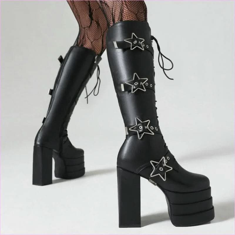 High Heel Star Design Locking Buckle Lace-up Knee Boots