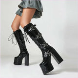 High Heel Star Design Locking Buckle Lace-up Knee Boots