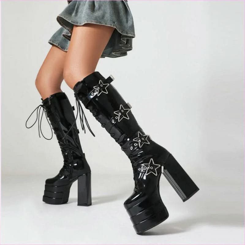 High Heel Star Design Locking Buckle Lace-up Knee Boots