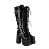 High Heel Star Design Locking Buckle Lace-up Knee Boots