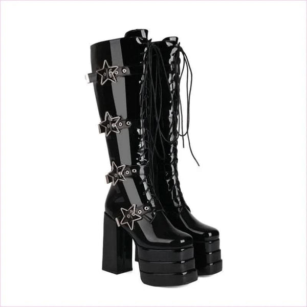 High Heel Star Design Locking Buckle Lace-up Knee Boots