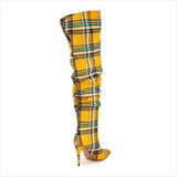 High Stiletto Heel Tartan Pattern Punk Boots in Bold Blue Yellow White