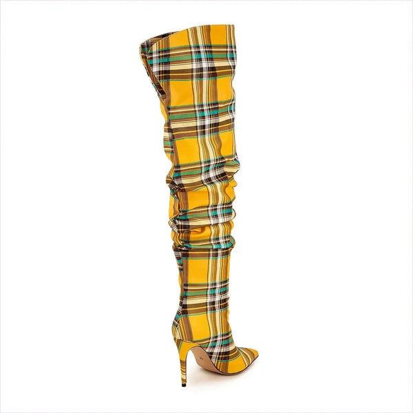 High Stiletto Heel Tartan Pattern Punk Boots in Bold Blue Yellow White