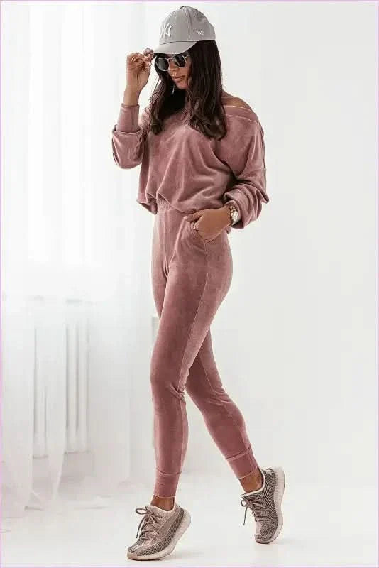 Kanava Velour Tracksuit Boat Neckline Slim Pants Fashion