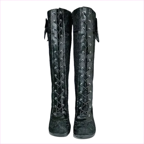 Knee High Victorian Style Boots with Bow and High Heel