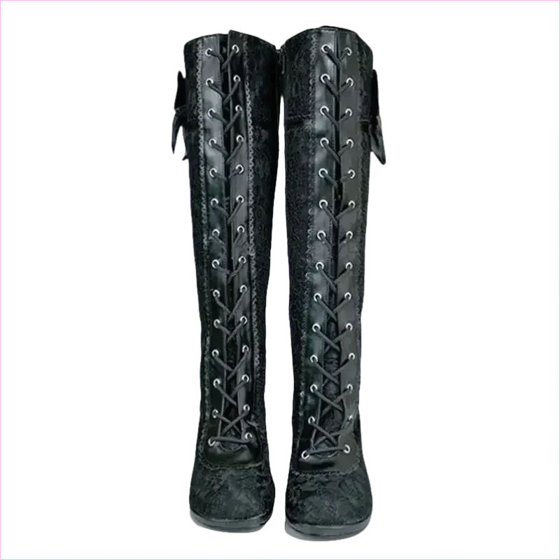 Knee High Victorian Style Boots with Bow and High Heel