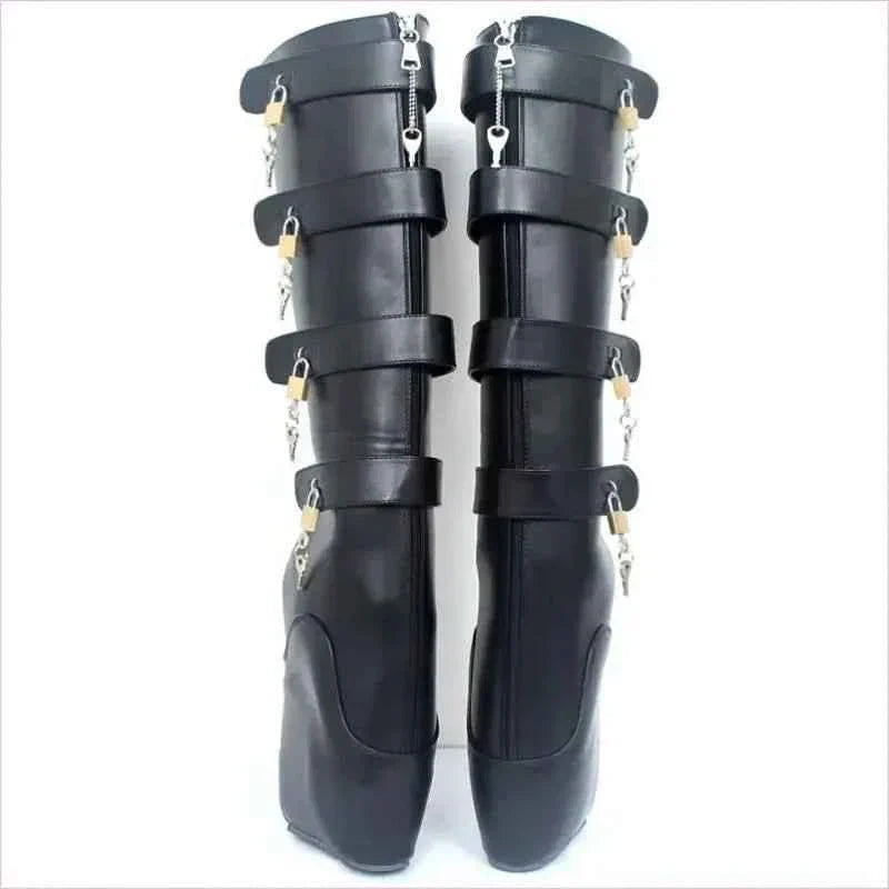 Knee Length Ballet Frontless Unisex Multi Padlock Platform Unique Boots