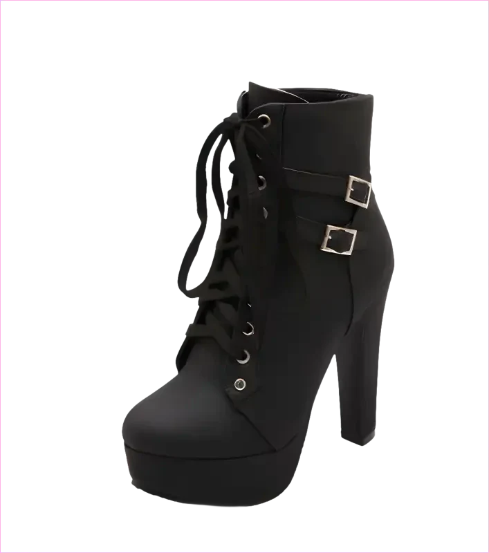 Lace Up Ankle Boots with Buckle Detail and Round Toe