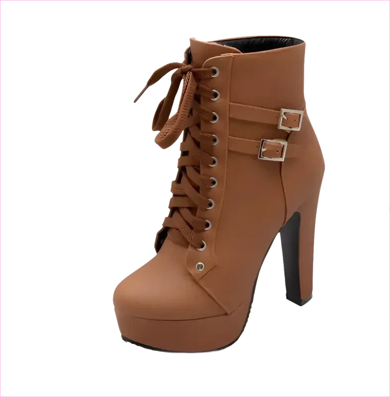 Lace Up Ankle Boots with Buckle Detail and Round Toe