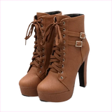 Lace Up Ankle Boots with Buckle Detail and Round Toe