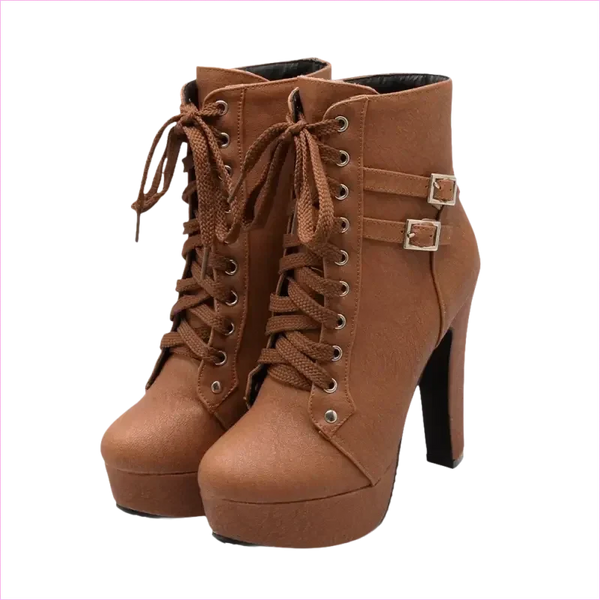 Lace Up Ankle Boots with Buckle Detail and Round Toe