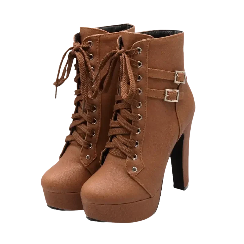 Lace Up Ankle Boots with Buckle Detail and Round Toe