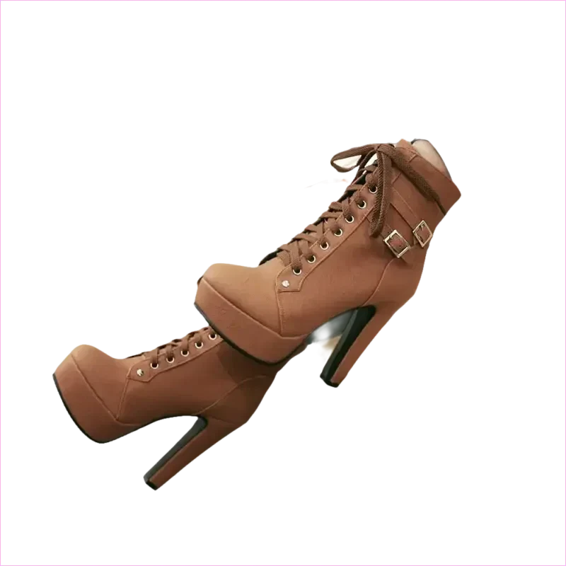Lace Up Ankle Boots with Buckle Detail and Round Toe