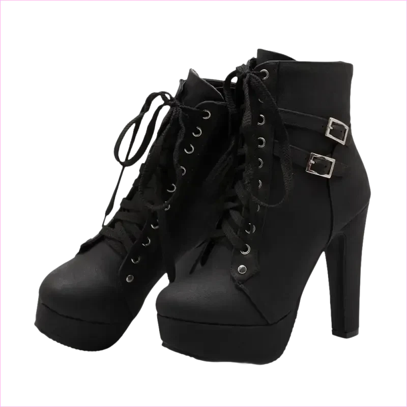 Lace Up Ankle Boots with Buckle Detail and Round Toe
