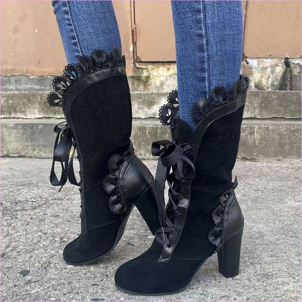 Ladies Ankle Steampunk Style Boots with Ribbon Tie Suede Detailing