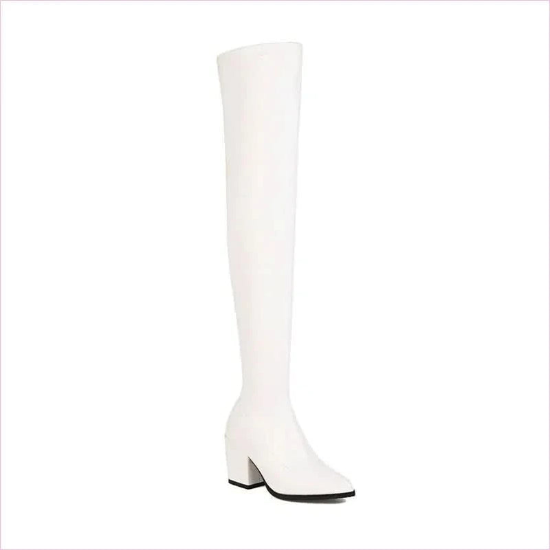 Ladies Chunky Heel Pointed Toe Thigh-high Boots