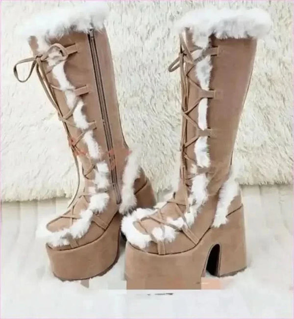 Ladies Faux Fur Round Toe Platform Boots for Winter