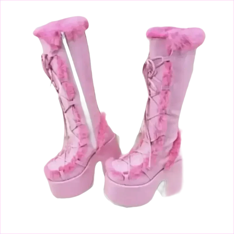 Ladies Faux Fur Round Toe Platform Boots for Winter