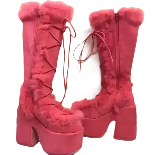 Ladies Faux Fur Round Toe Platform Boots for Winter