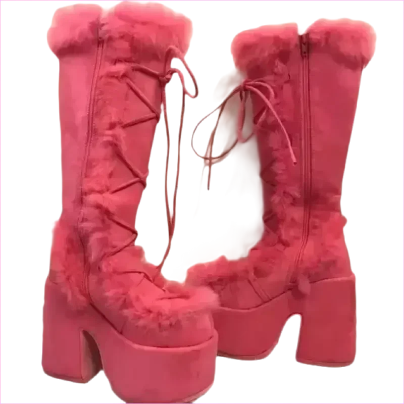 Ladies Faux Fur Round Toe Platform Boots for Winter