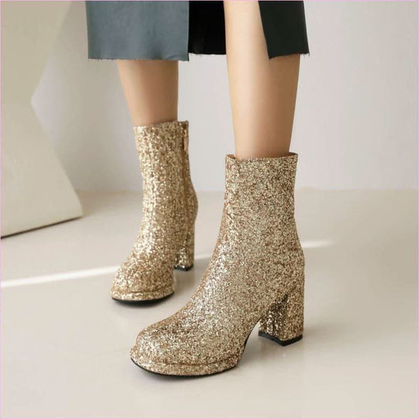 Ladies Glitter thick High Heel Ankle Party Boots in Plus Sizes