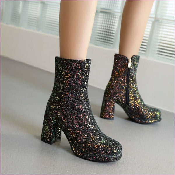Ladies Glitter thick High Heel Ankle Party Boots in Plus Sizes