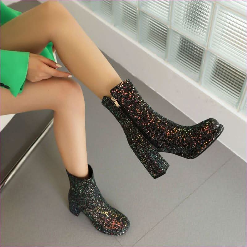 Ladies Glitter thick High Heel Ankle Party Boots in Plus Sizes