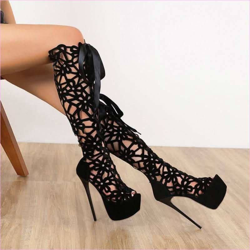 Ladies High Heel Crochet Lace Platform Boots for Elegant Style