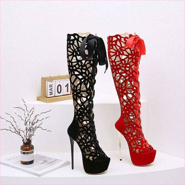 Ladies High Heel Crochet Lace Platform Boots for Elegant Style