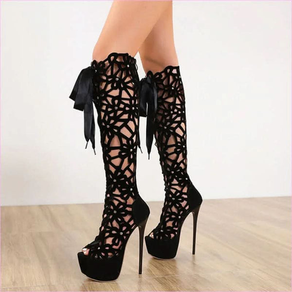 Ladies High Heel Crochet Lace Platform Boots for Elegant Style