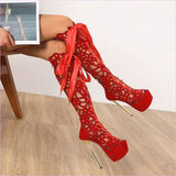 Ladies High Heel Crochet Lace Platform Boots for Elegant Style
