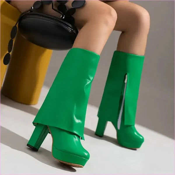 Ladies High Heel Fold Over Mid-leg Boots for Drag Trans Style