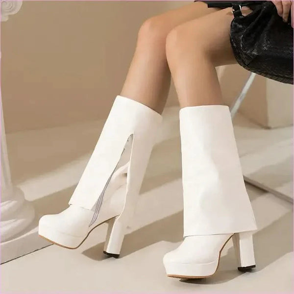 Ladies High Heel Fold Over Mid-leg Boots for Drag Trans Style