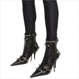 Ladies High-heeled Multi Buckle Detail Pointed Toe Boots
