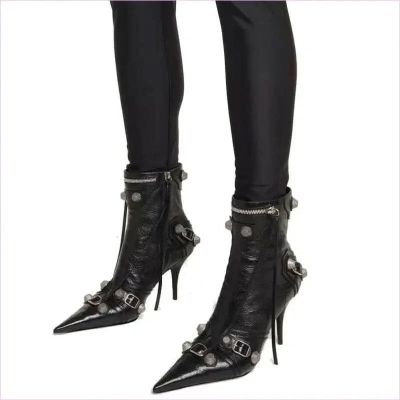 Ladies High-heeled Multi Buckle Detail Pointed Toe Boots