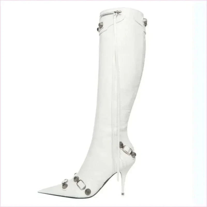Ladies High-heeled Multi Buckle Detail Pointed Toe Boots