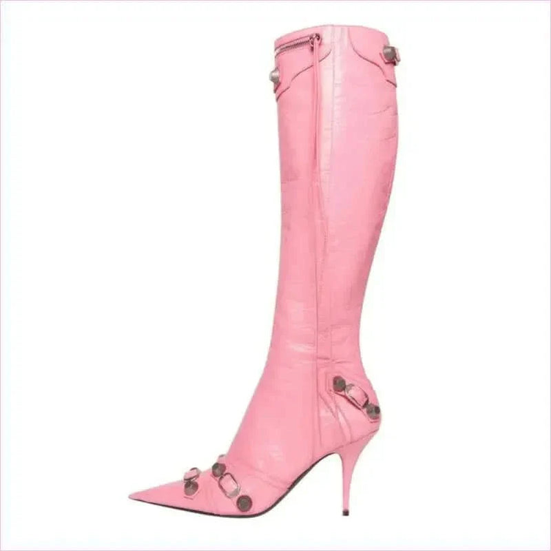 Ladies High-heeled Multi Buckle Detail Pointed Toe Boots