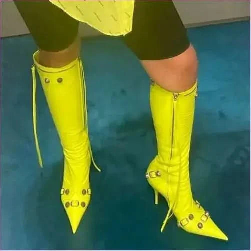 Ladies High-heeled Multi Buckle Detail Pointed Toe Boots