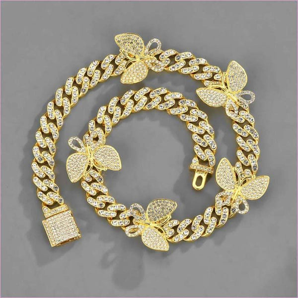 Ladies Iced Necklace Butterfly Cuban Chain 15mm Geometric Jewelry