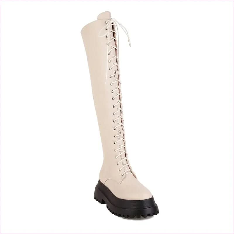 Ladies Knee High Punk Lace-up Round Toe Steampunk Style Boots